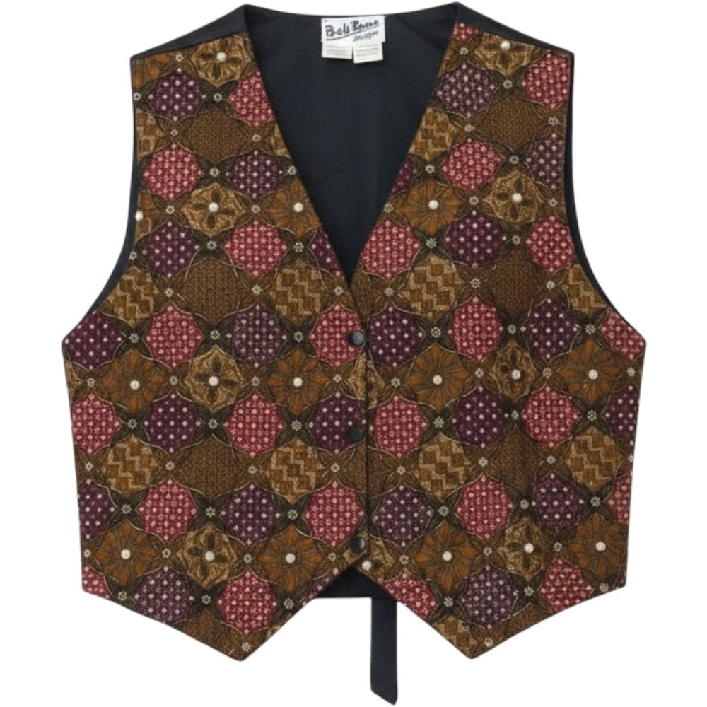 Bali Rama Design Beaded Pearl Batik Vest Brown Boho Vintage Geometric Rayon L XL